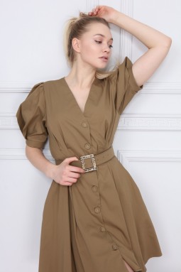 Khaki V-Neck Dress