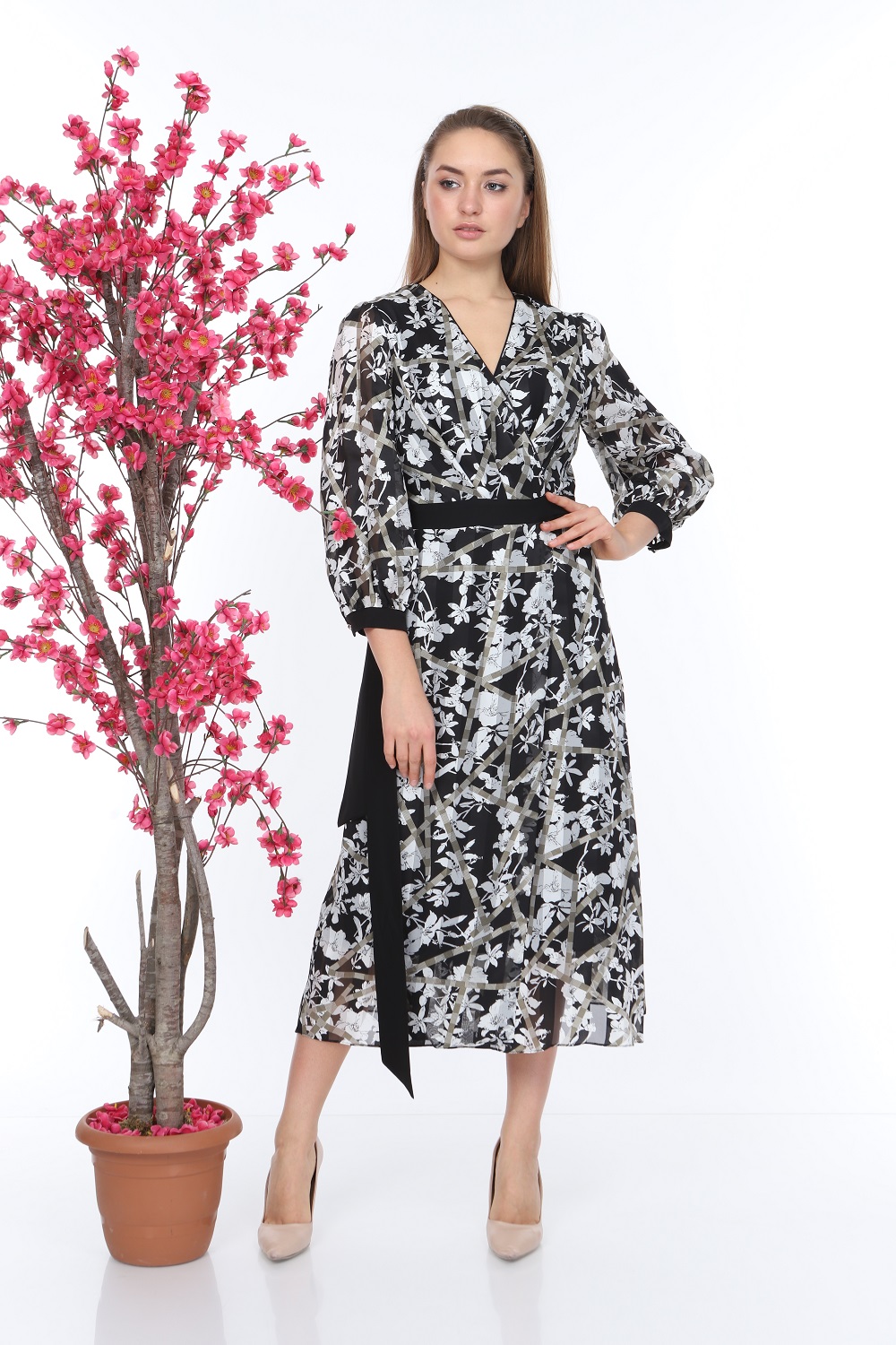 Grey Patterned Belted Dress