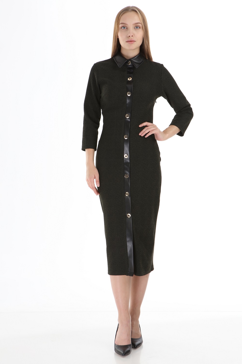 Khaki Leather Collar Buttoned Dress