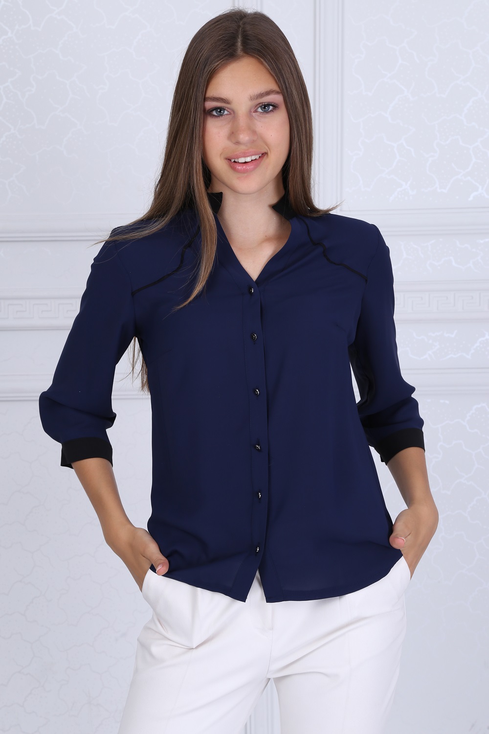 Black Collar Dark Blue Blouse