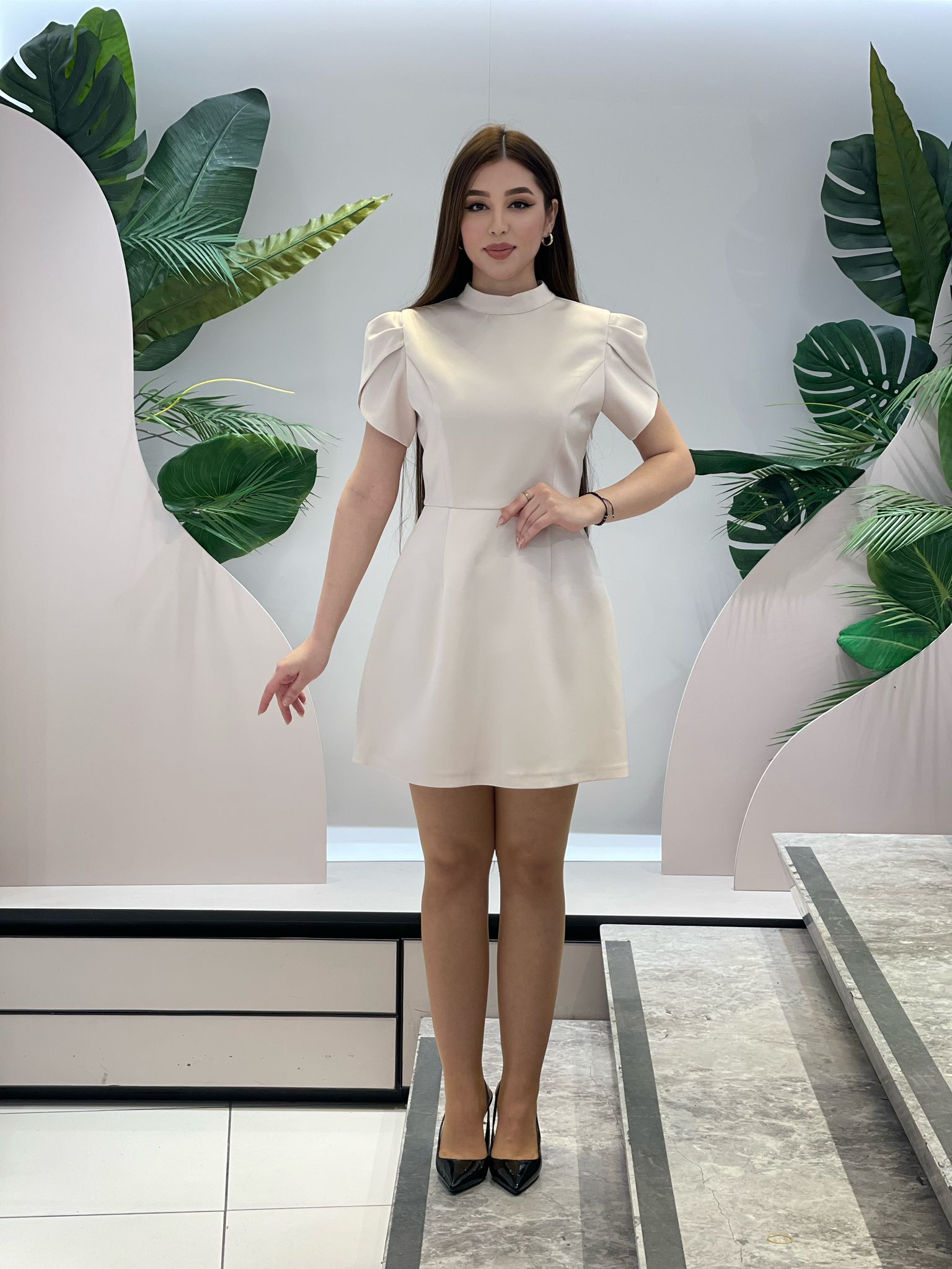 Beige Satin Detachable Bow Mini Dress