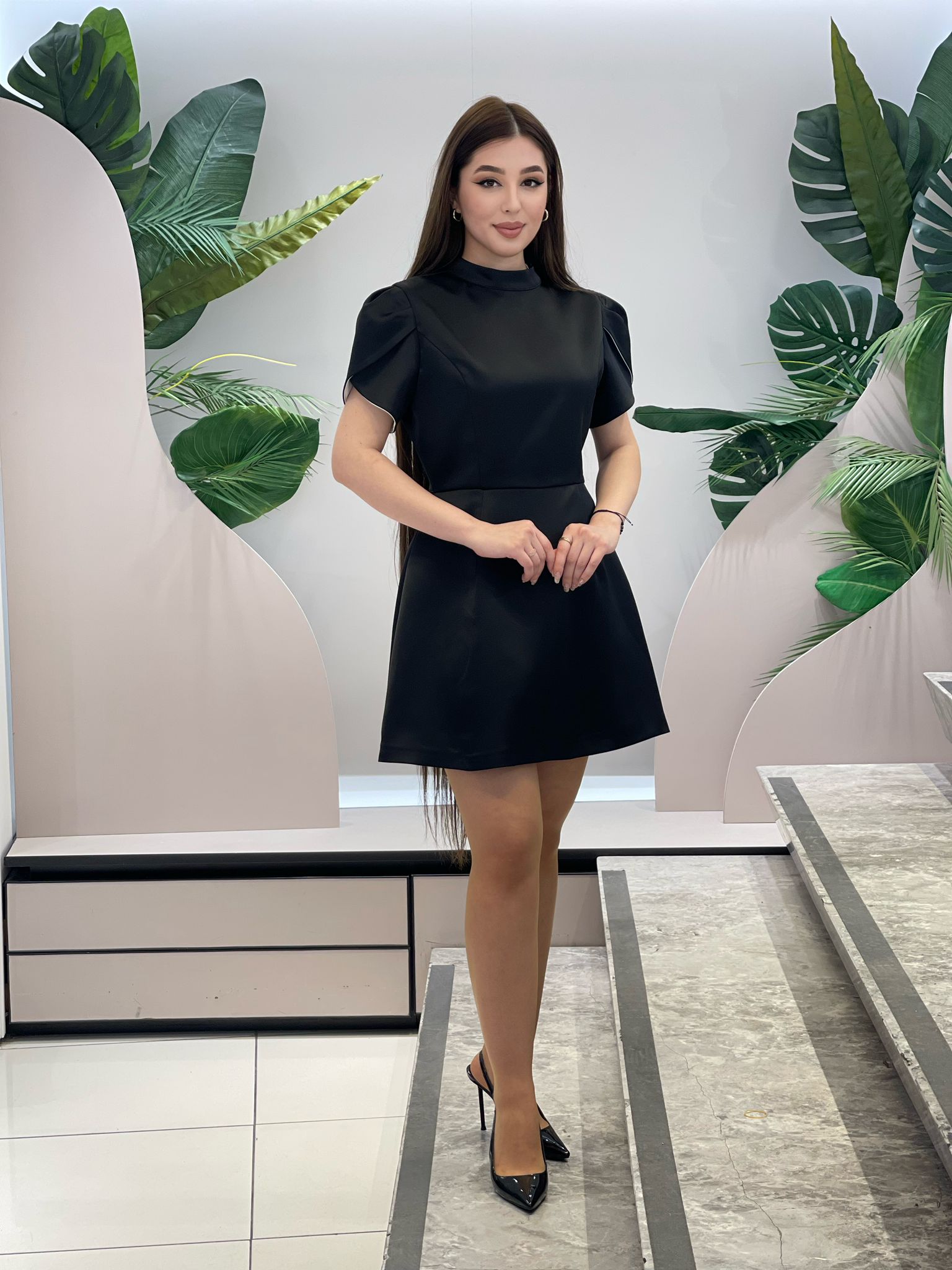 Black Satin Detachable Bow Mini Dress