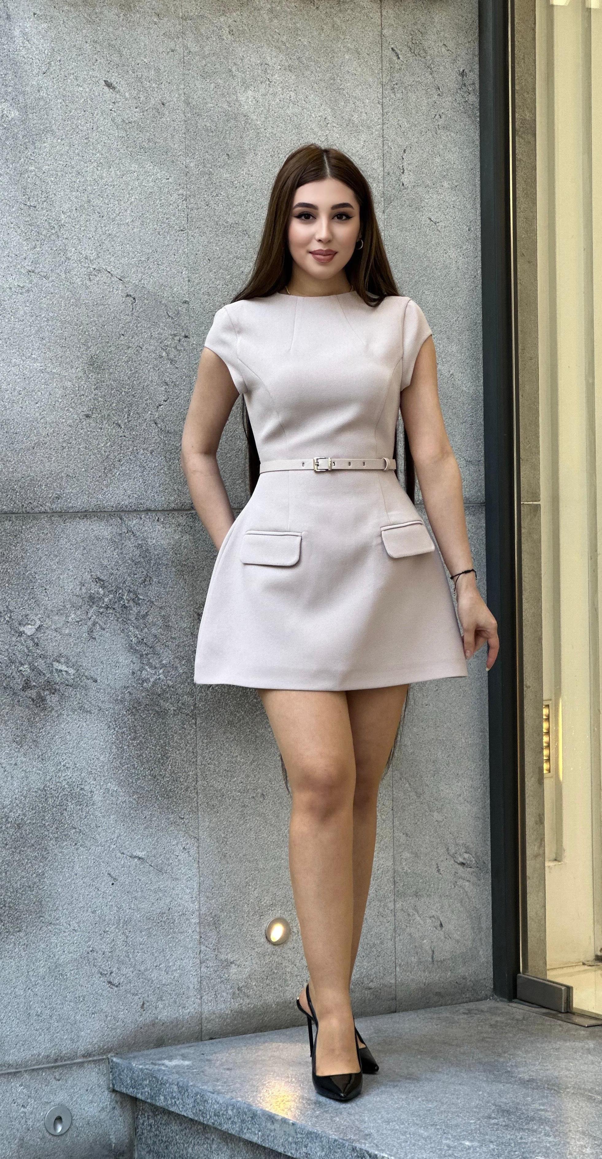 Cap Sleeve Mini Beige Dress