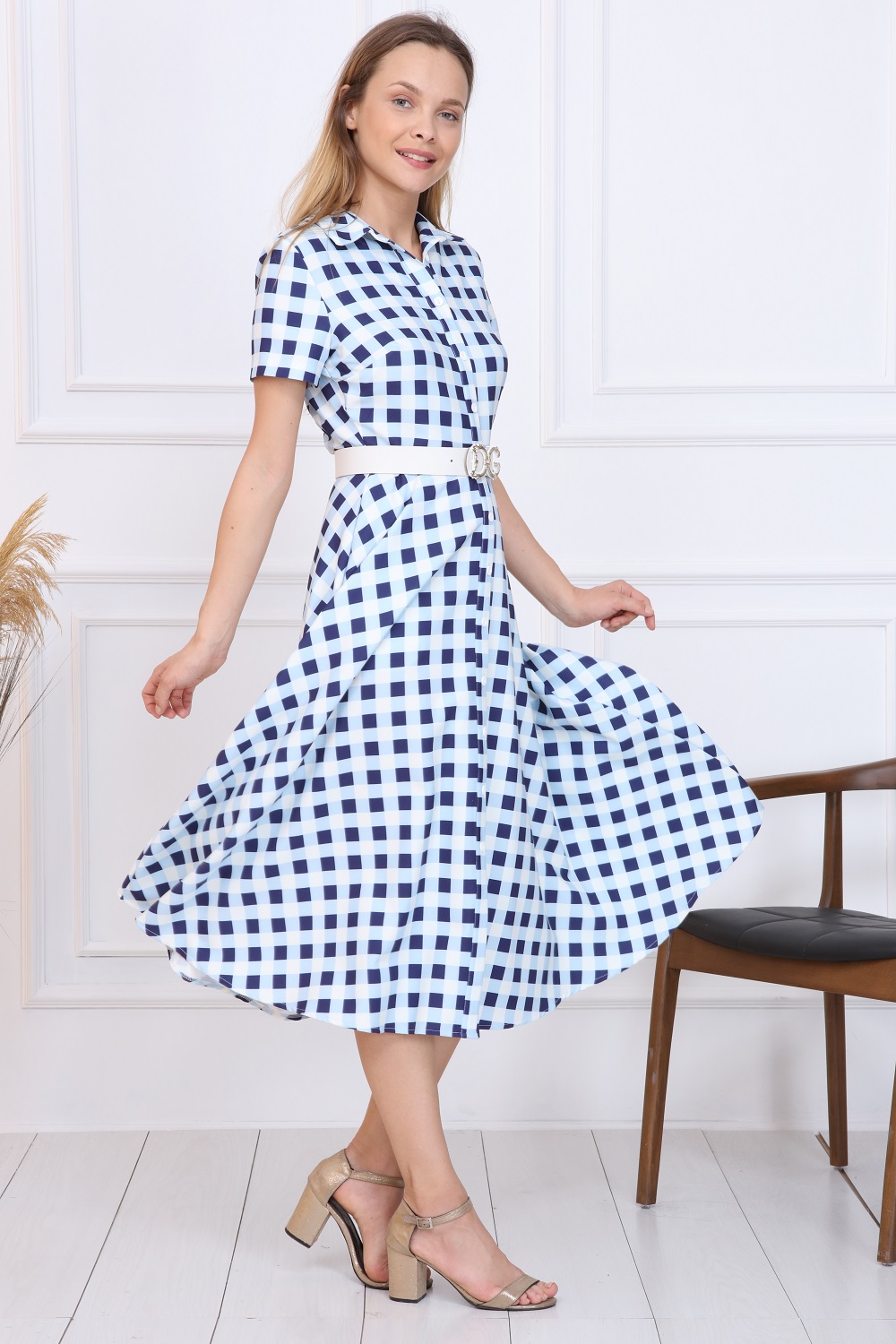 Blue Plaid Button Dress