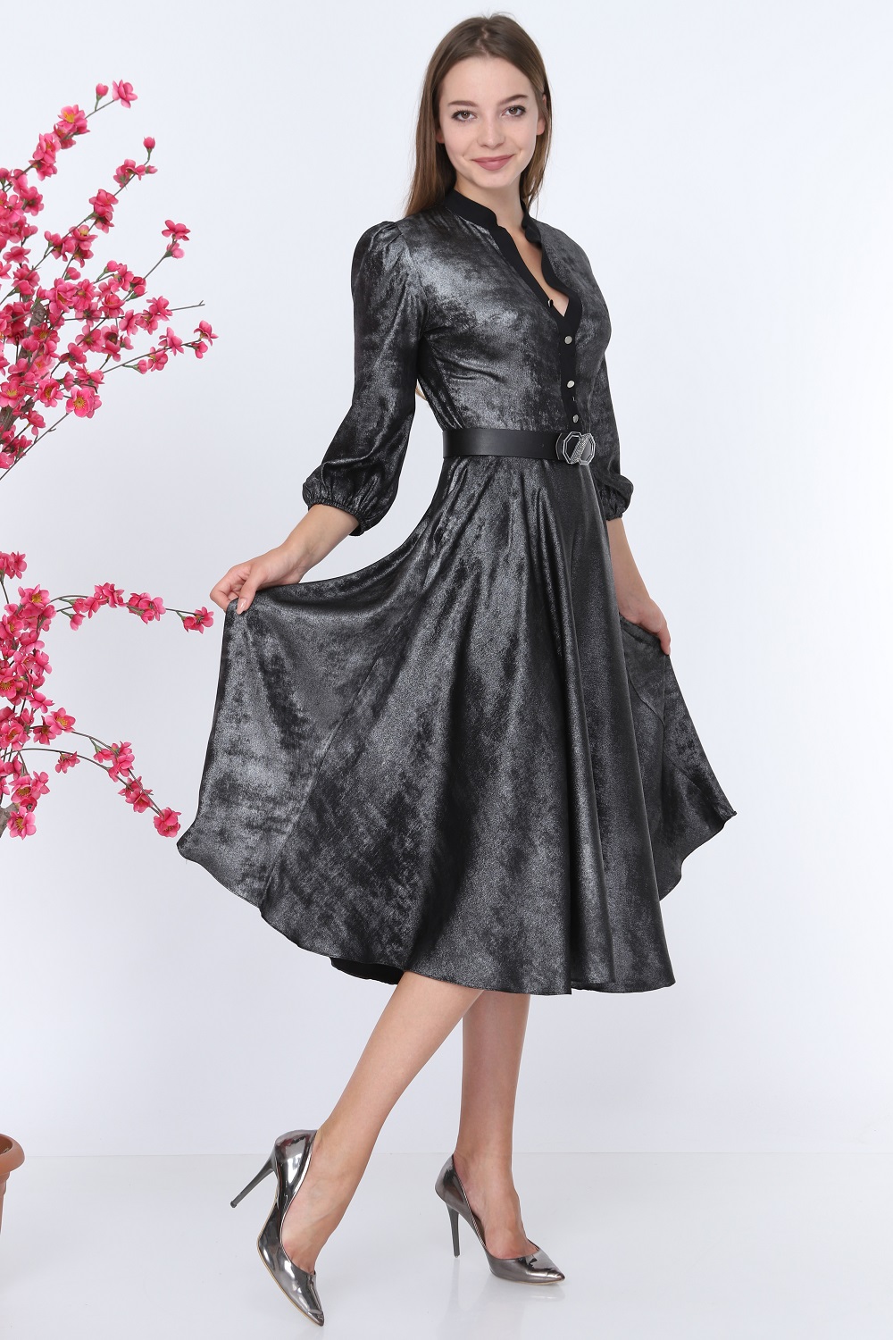 Shiny Fabric Buttoned Silver Dress