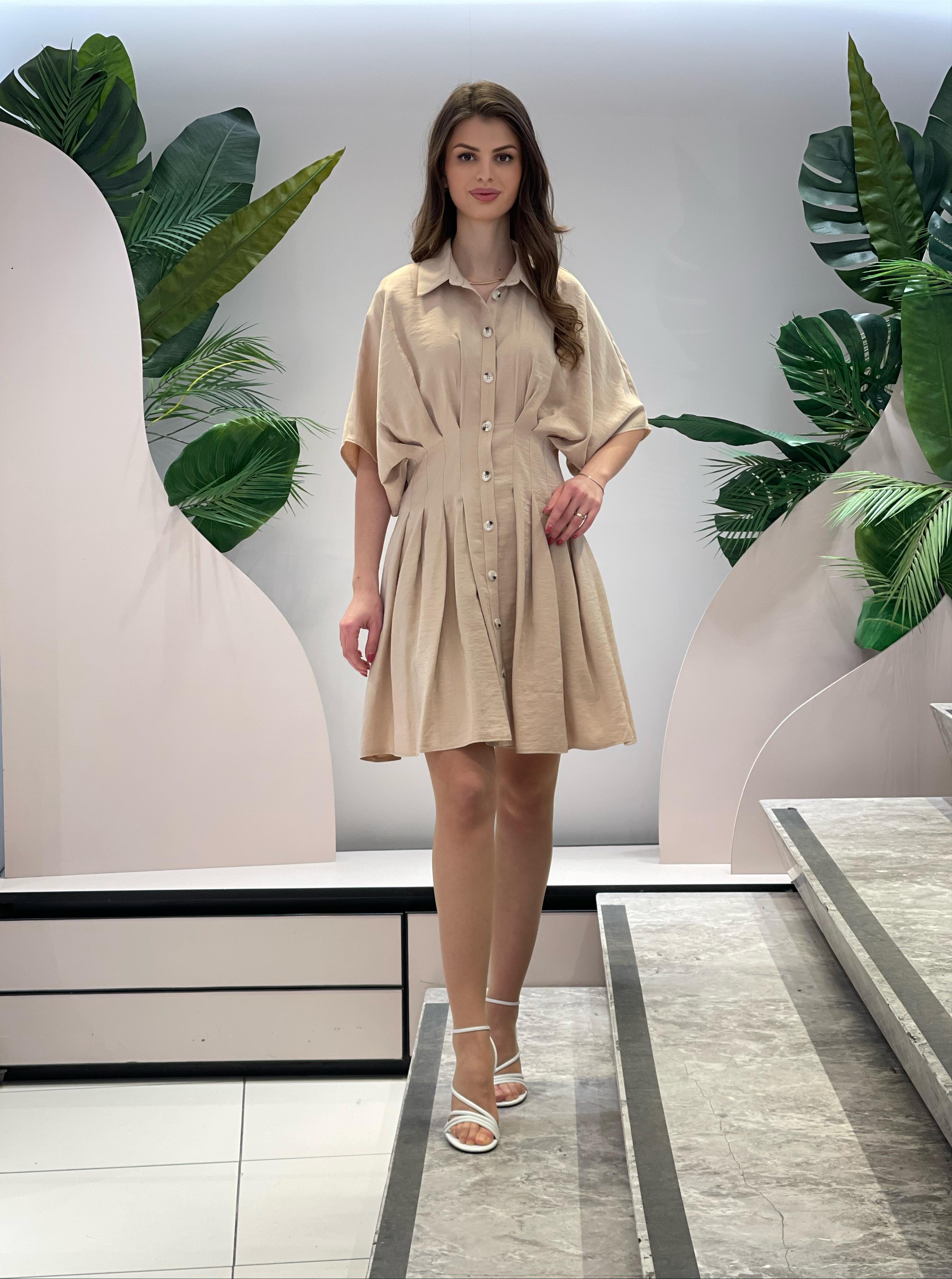 Batwing Sleeve Beige Dress with Button