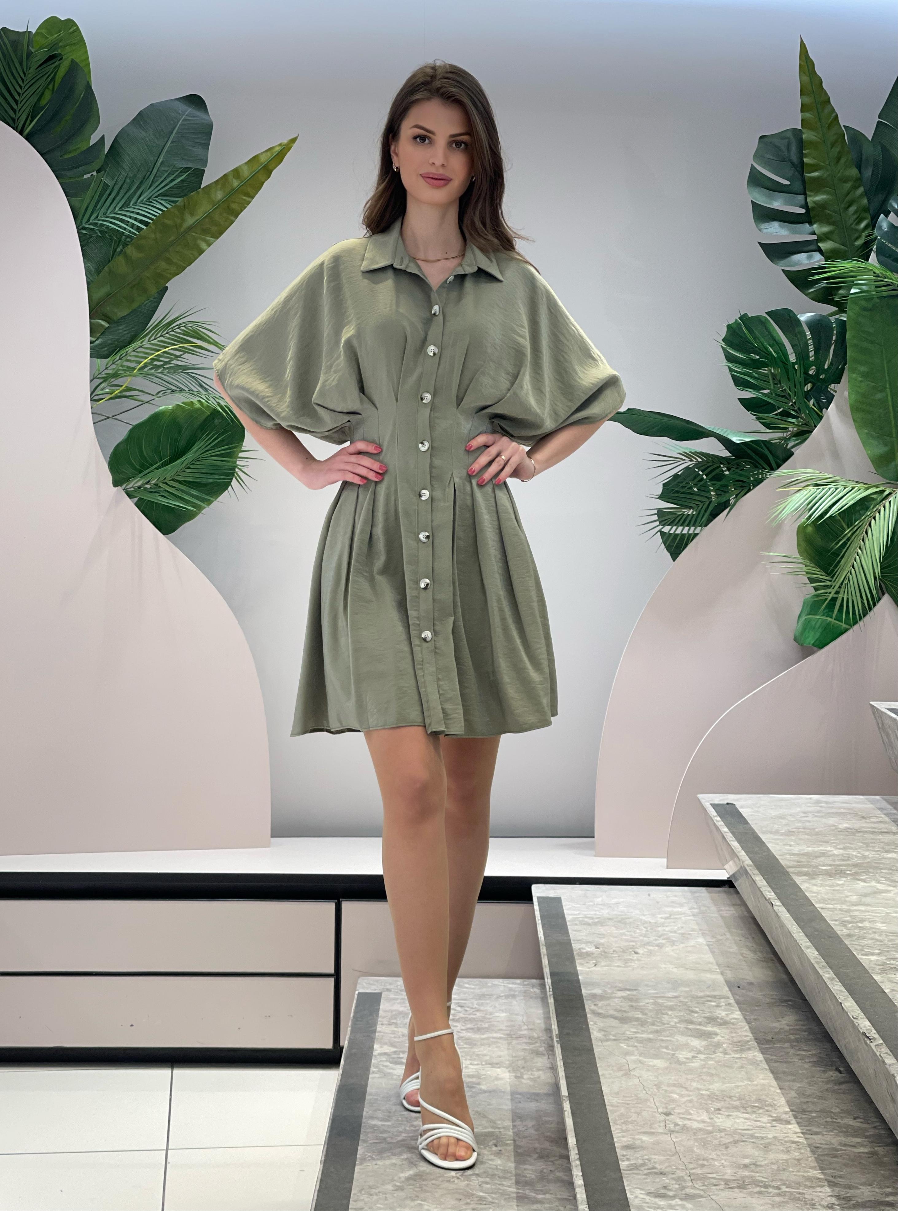 Batwing Sleeve Khaki Dress with Button