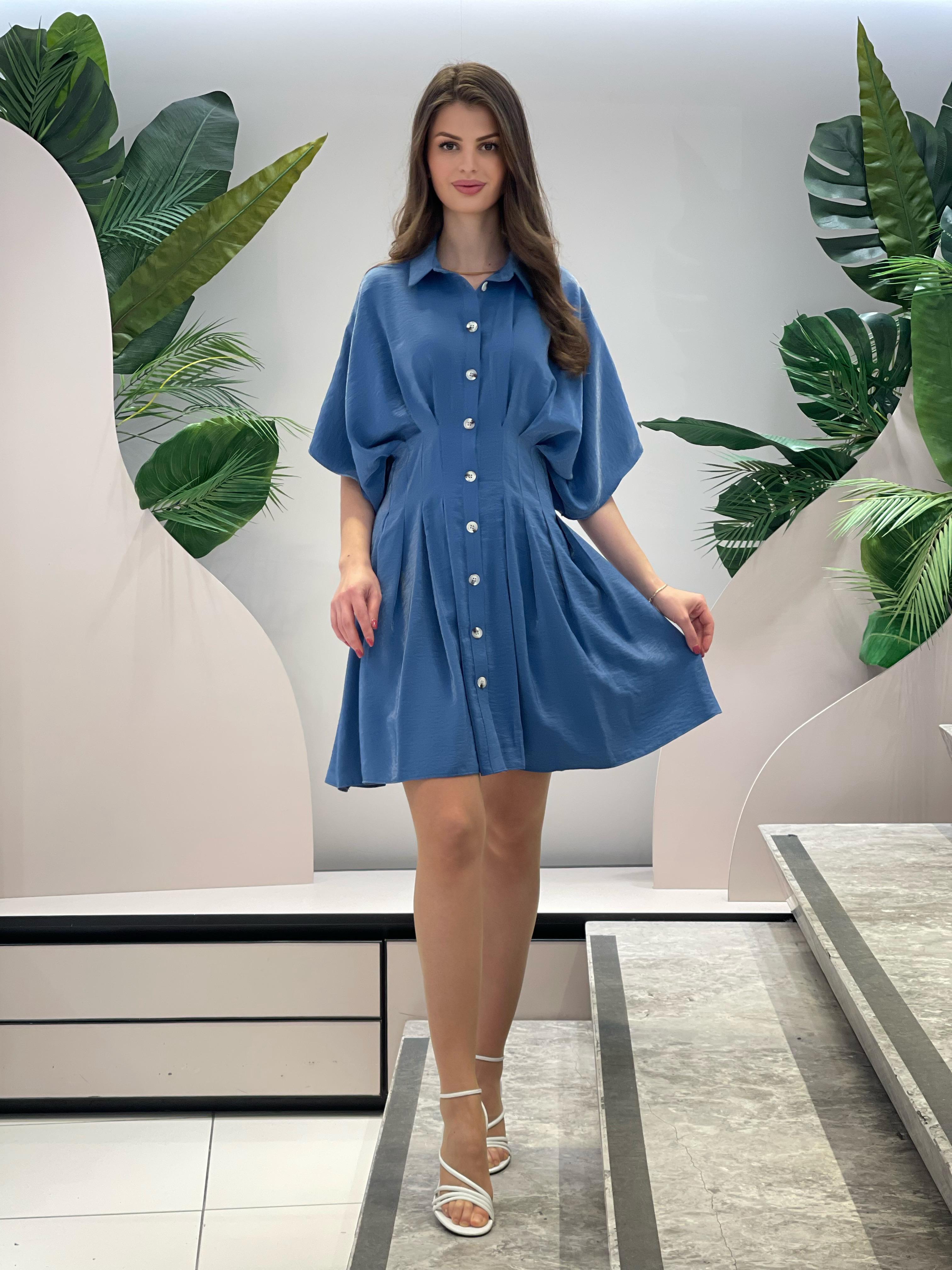 Batwing Sleeve Blue Dress with Button