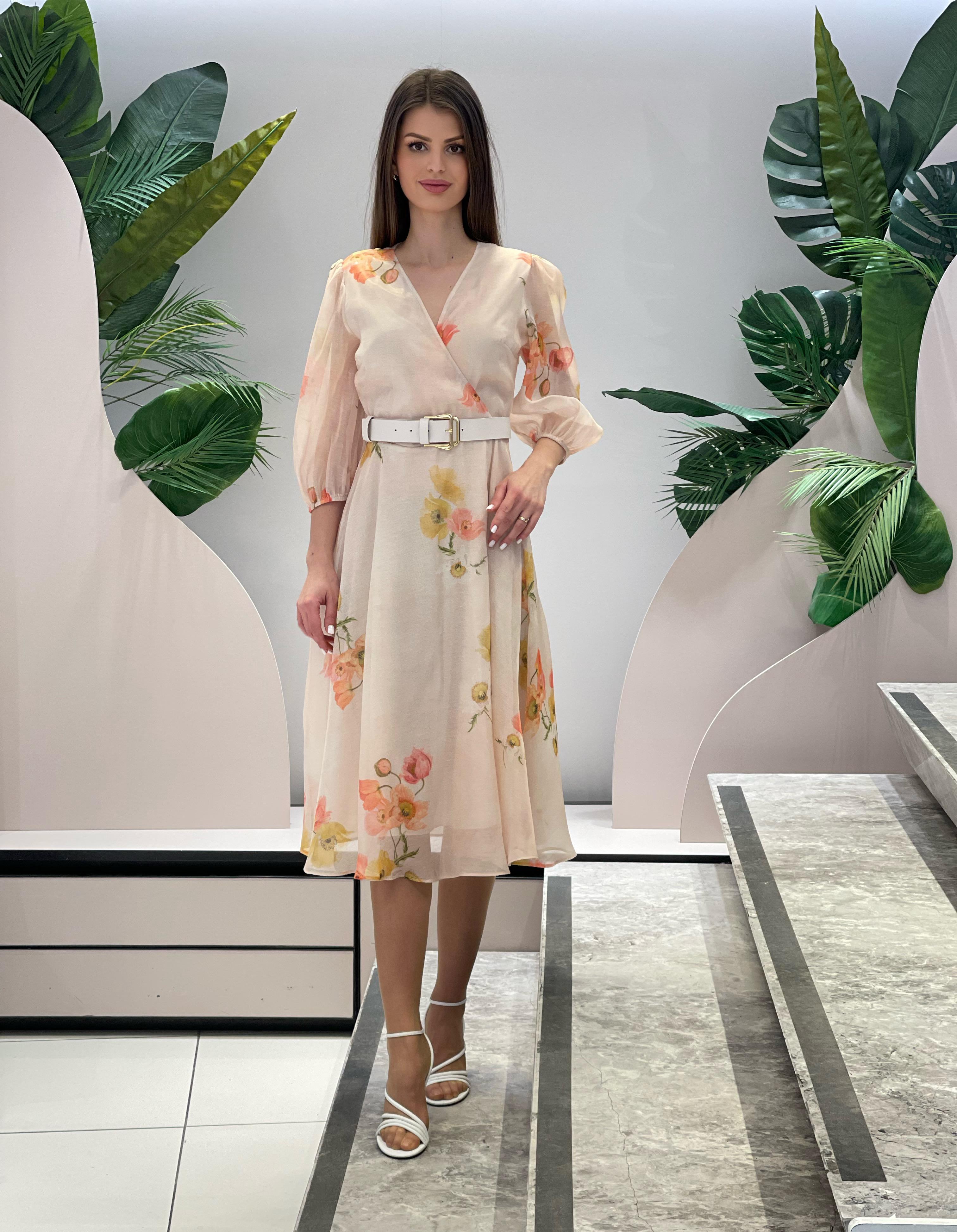 Orange Floral Patterned Organza Dress