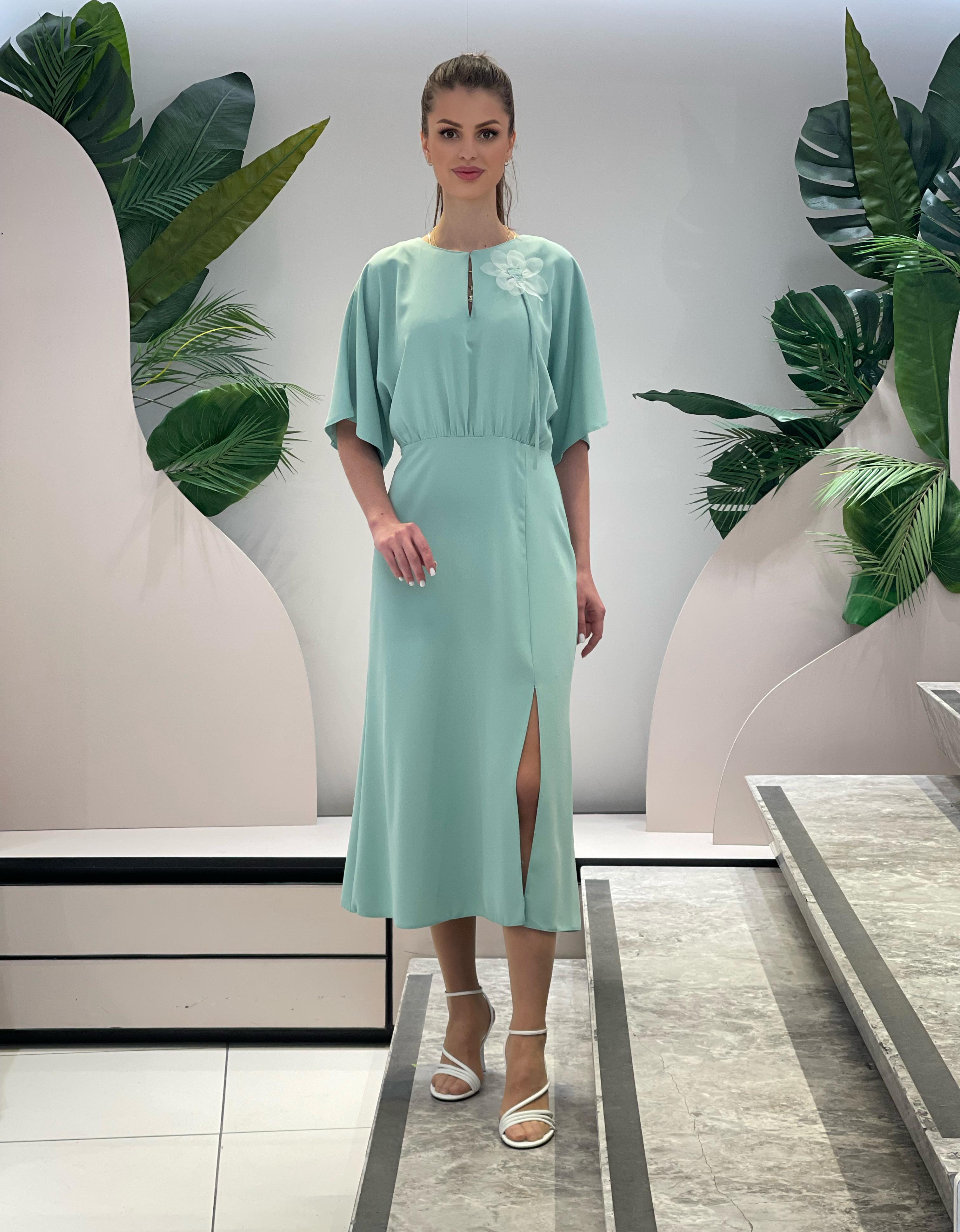 Mint Dress with Flower Brooch and Slit