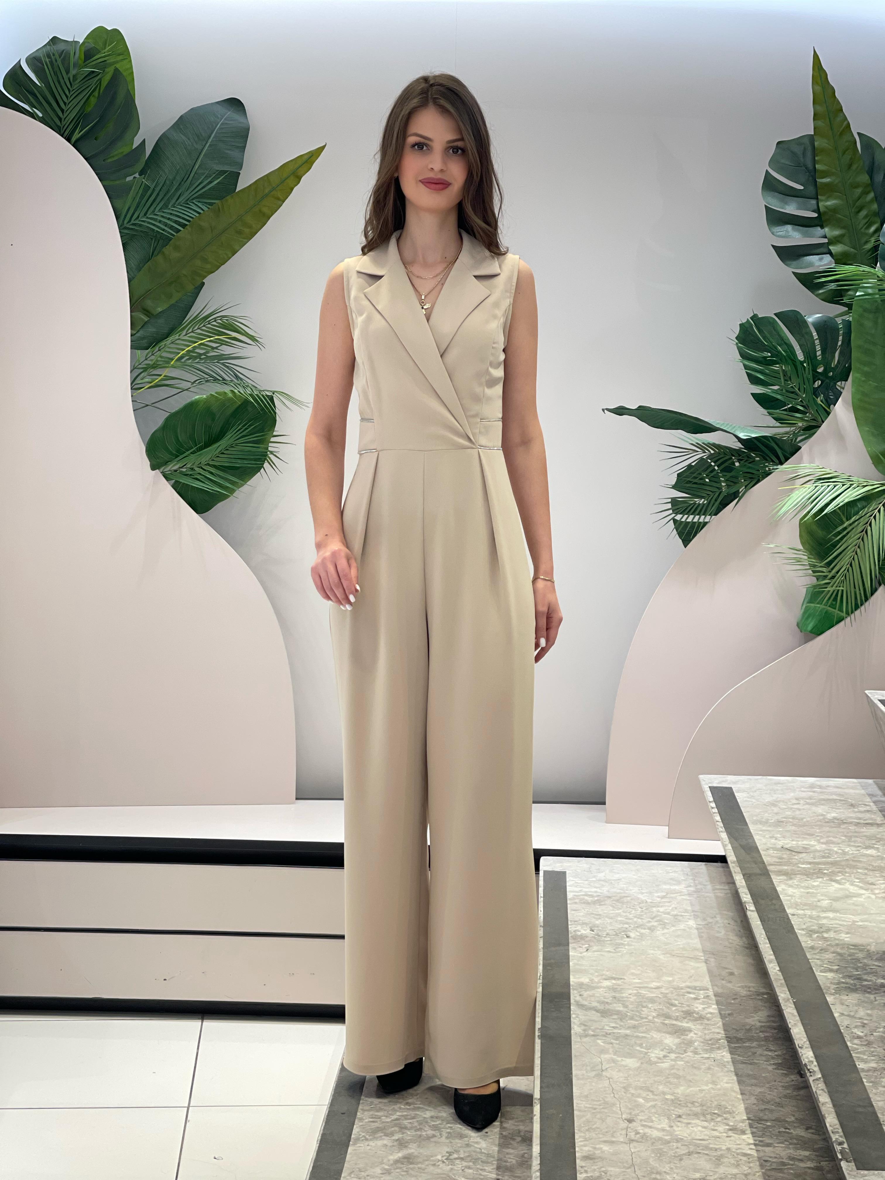 Beige Jumpsuit with Stone Waist Detail and Collar