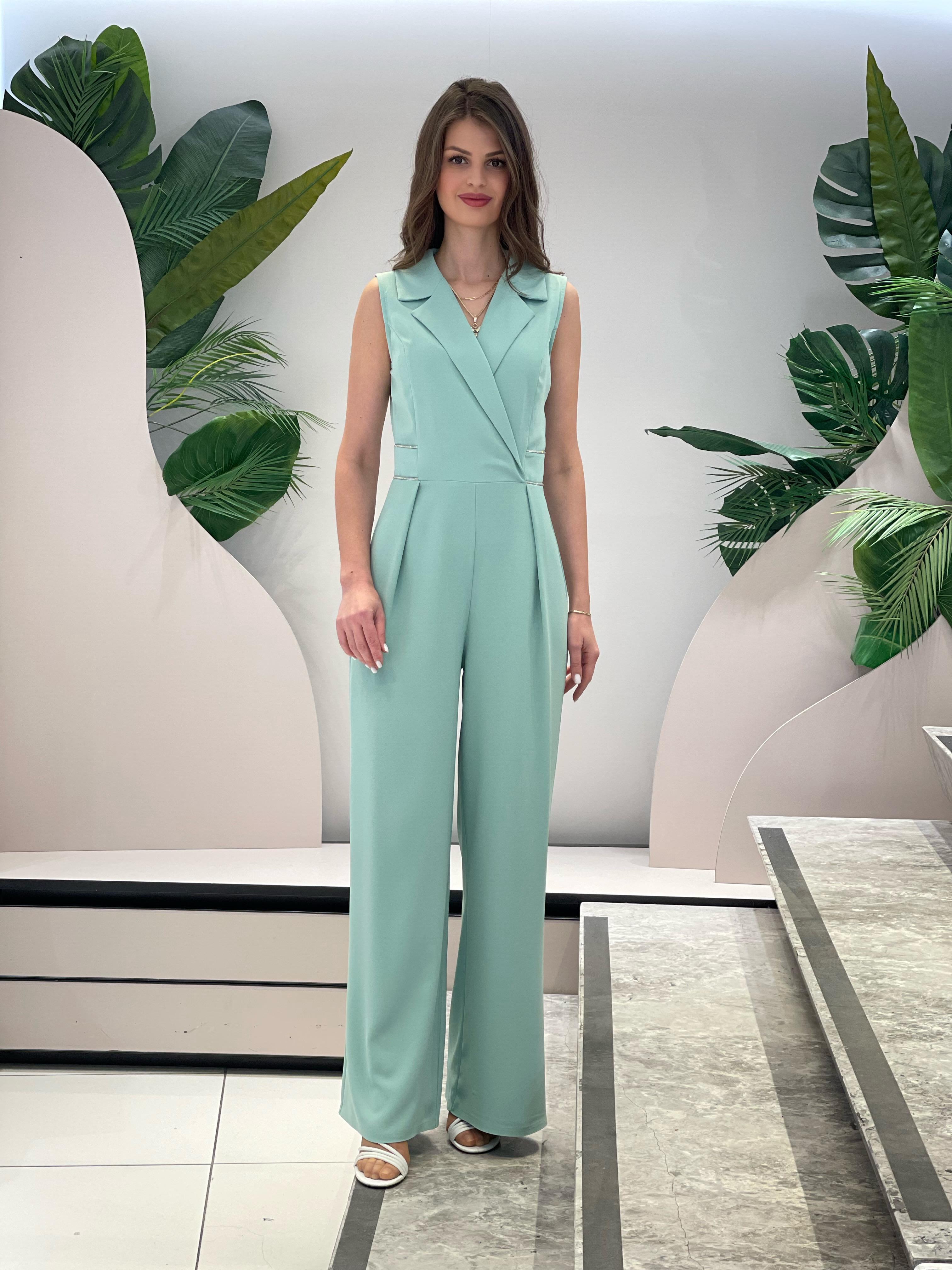 Mint Jumpsuit with Stone Waist Detail and Collar