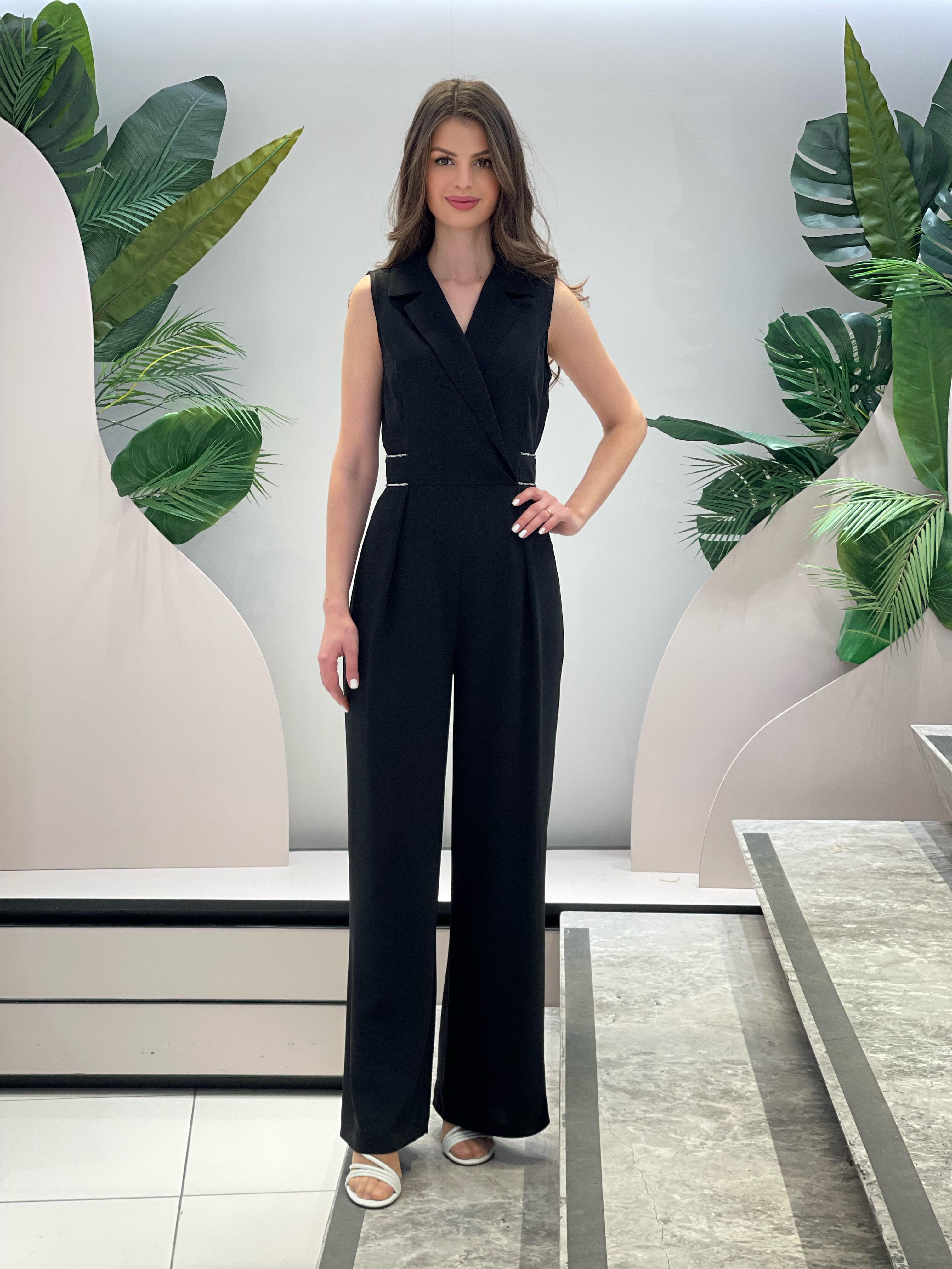 Black Jumpsuit with Stone Waist Detail and Collar