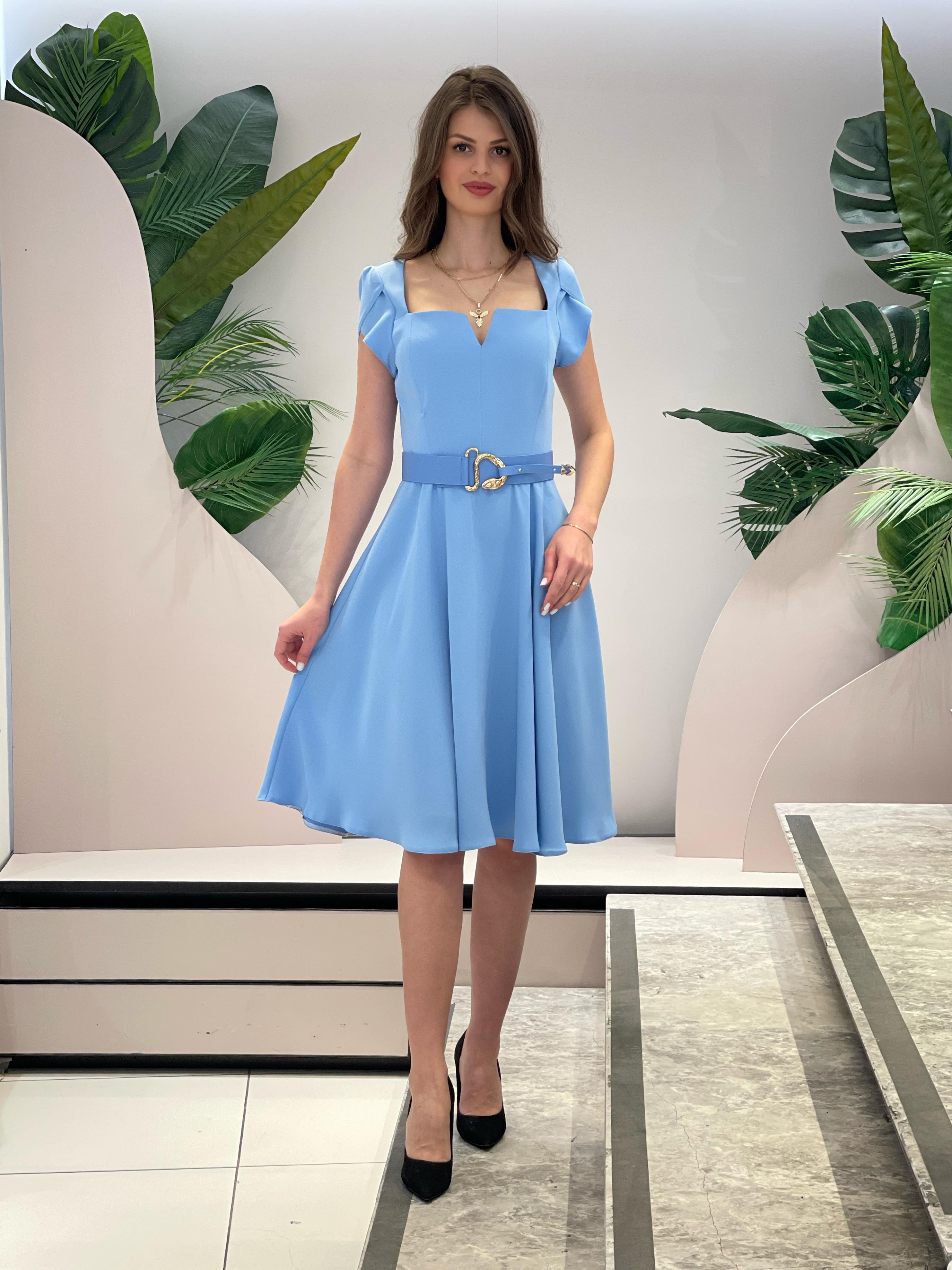 Square Collar Blue Dress