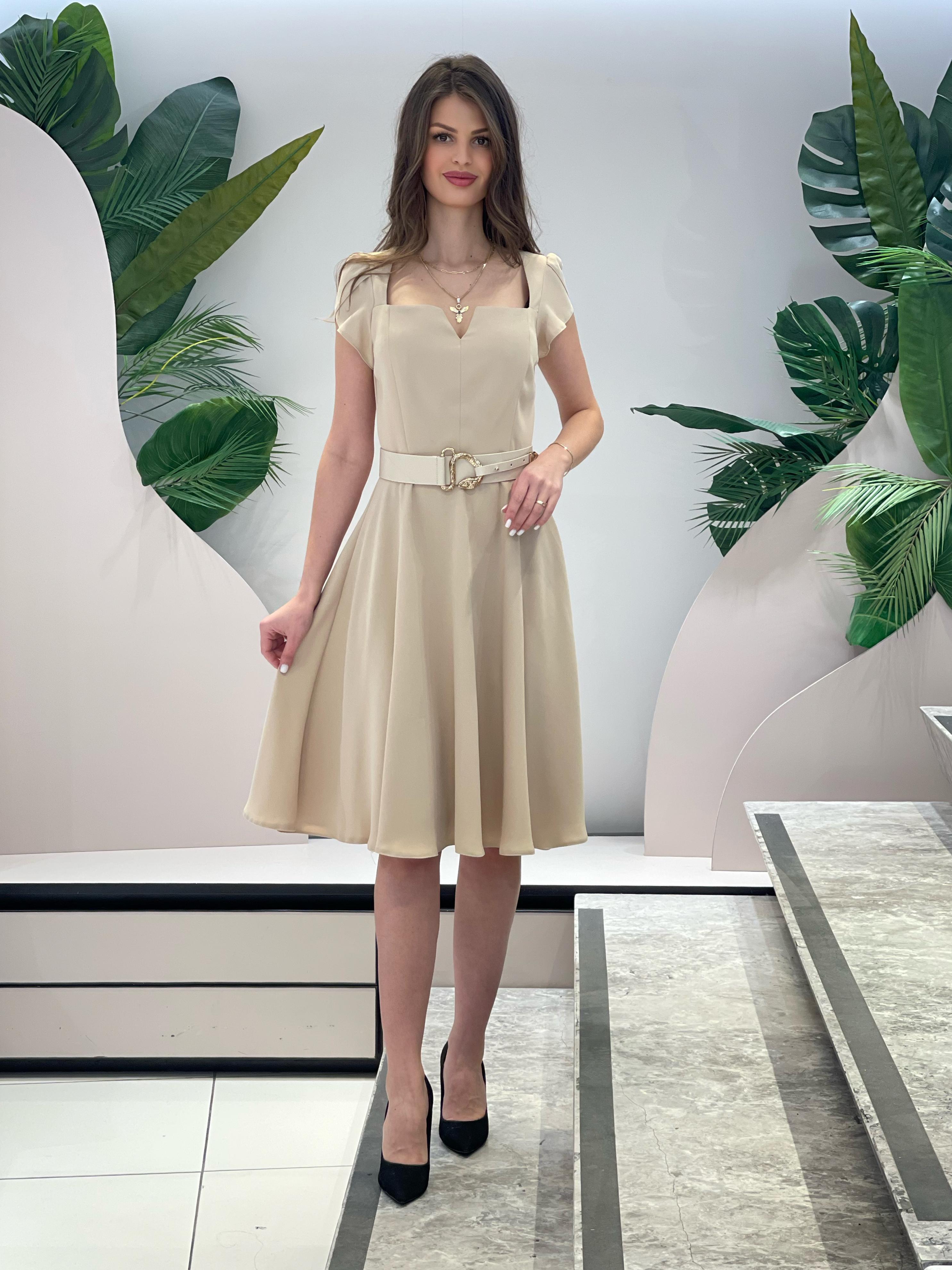 Square Collar Beige Dress