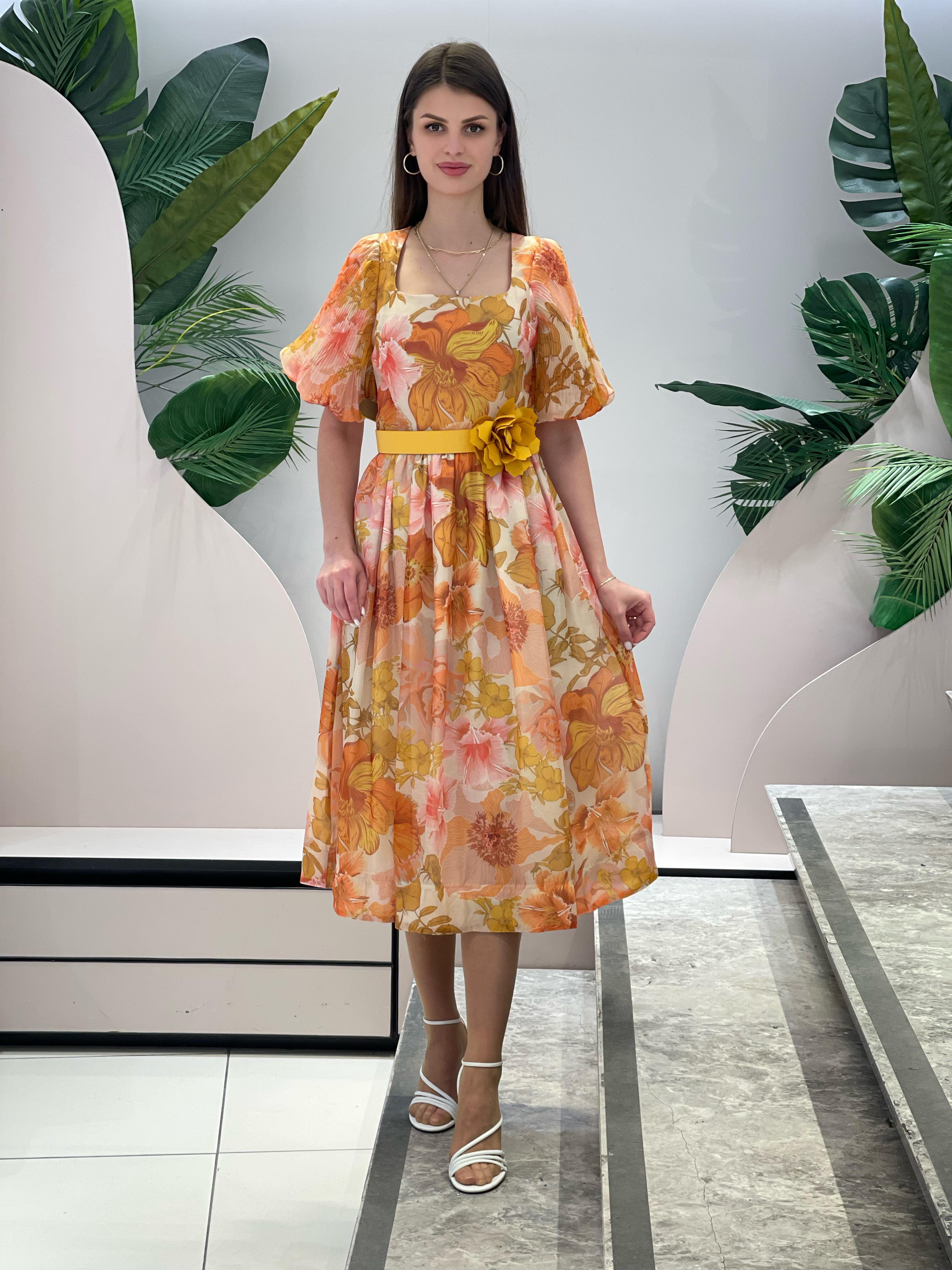 Orange Floral Pattern Square Collar Dress