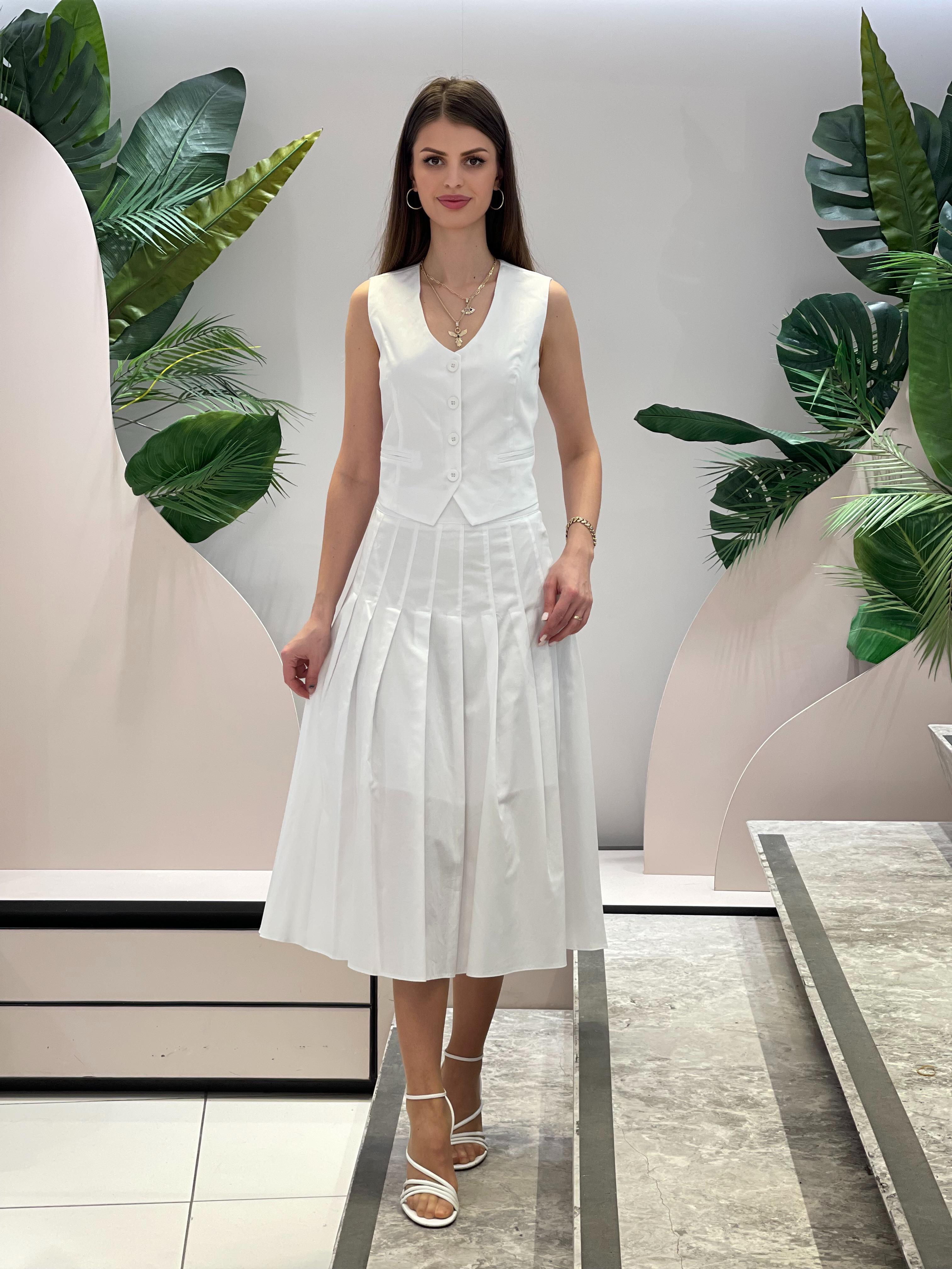 White Suit with Vest and Pleated Skirt