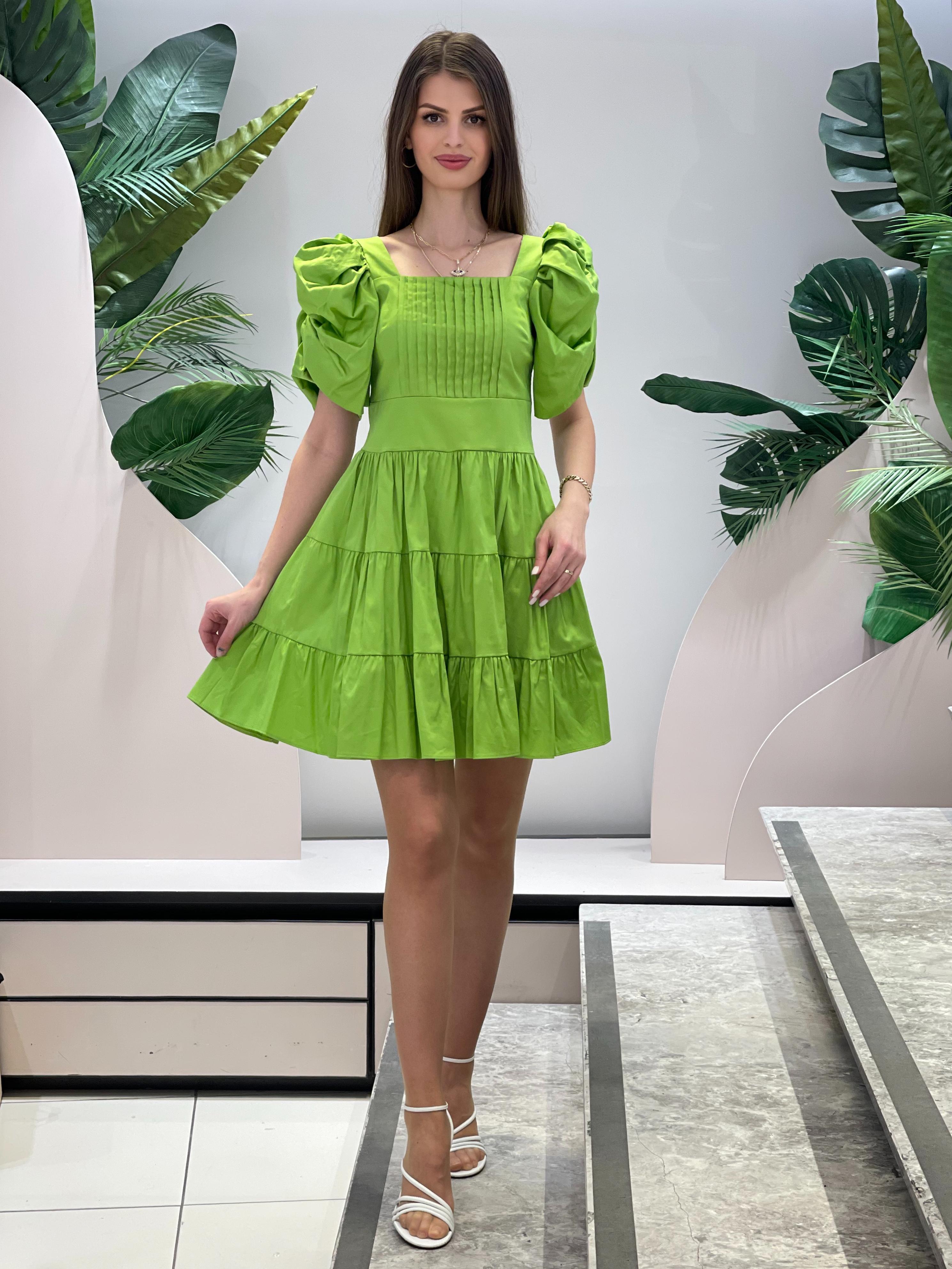 Square Neck Balloon Sleeve Green Dress