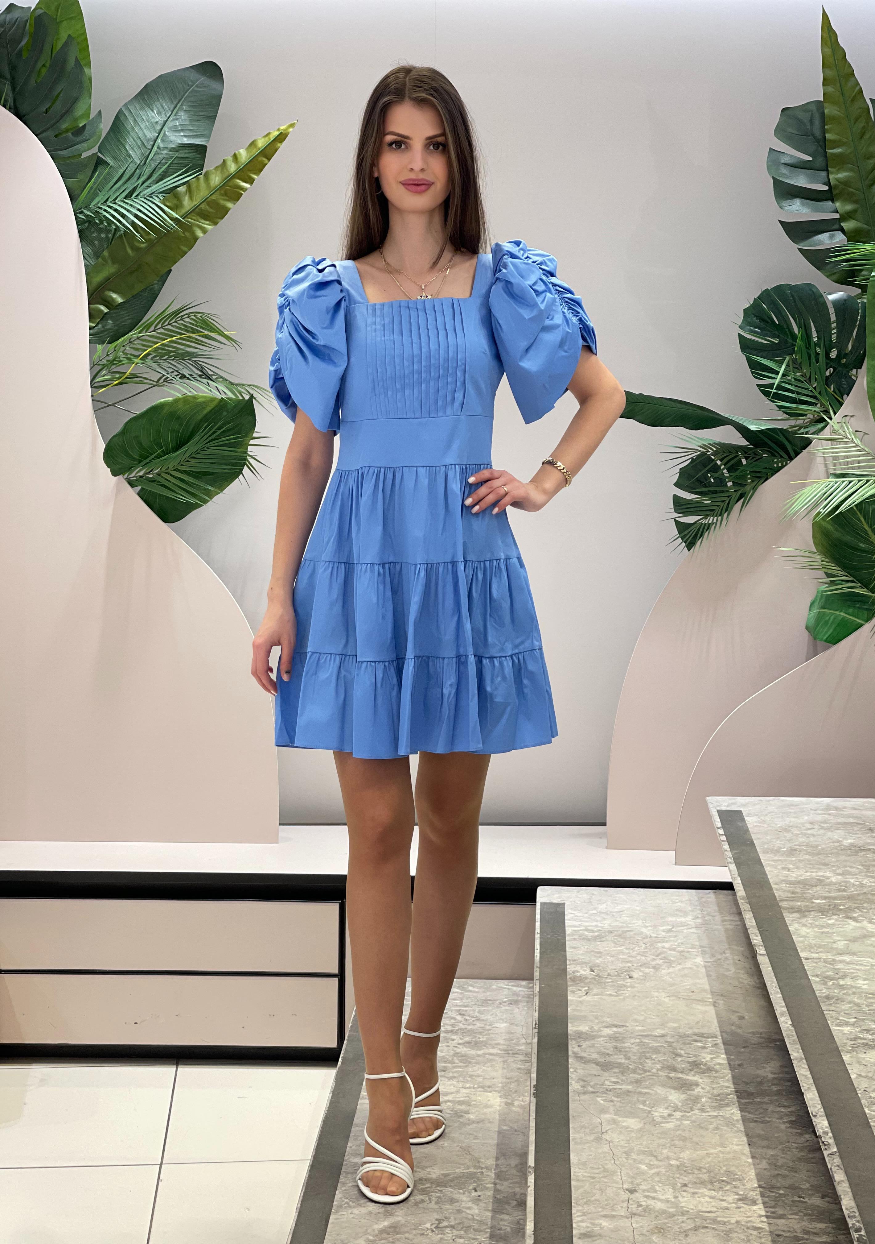 Square Neck Balloon Sleeve Blue Dress