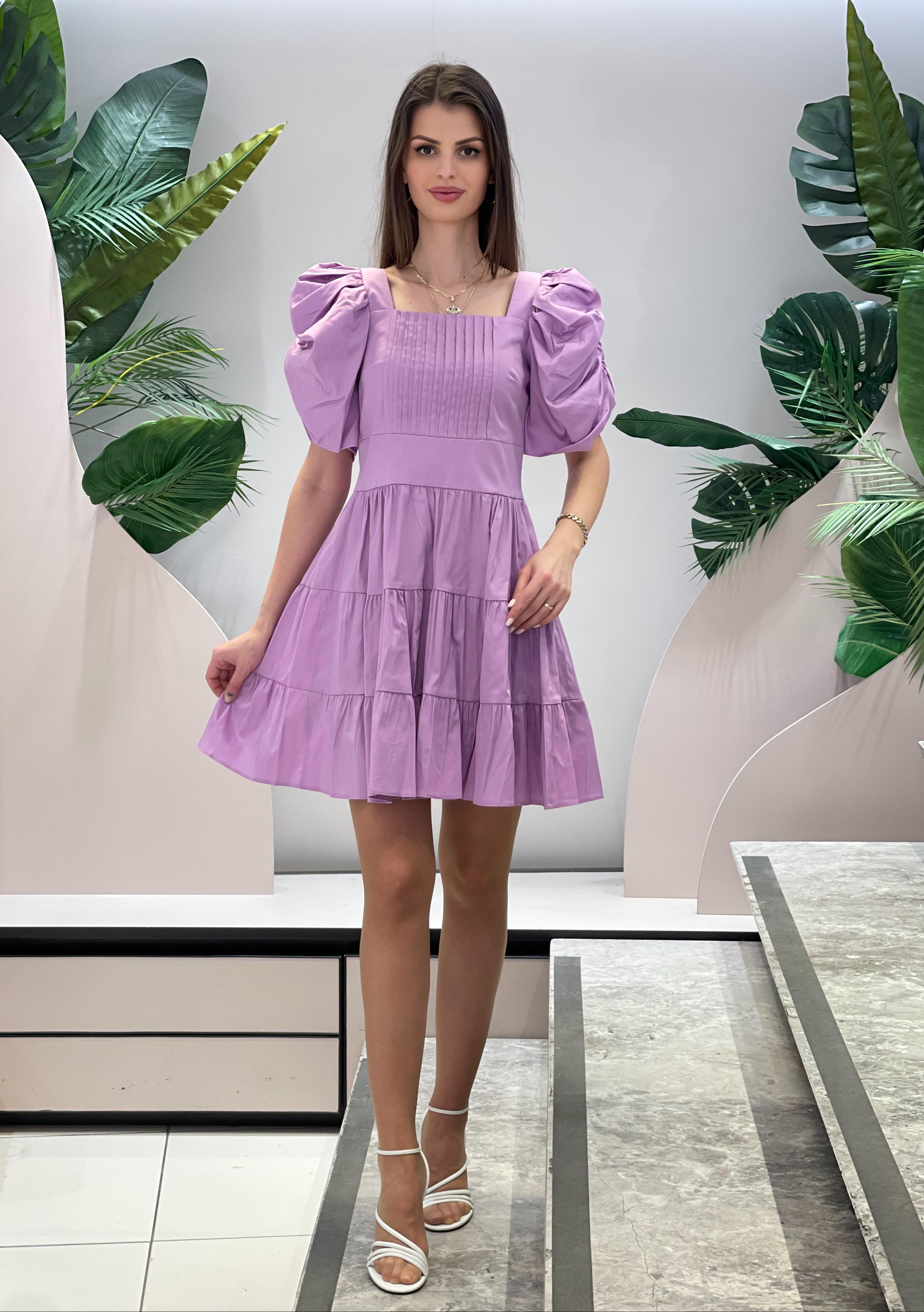 Square Neck Balloon Sleeve Lilac Dress