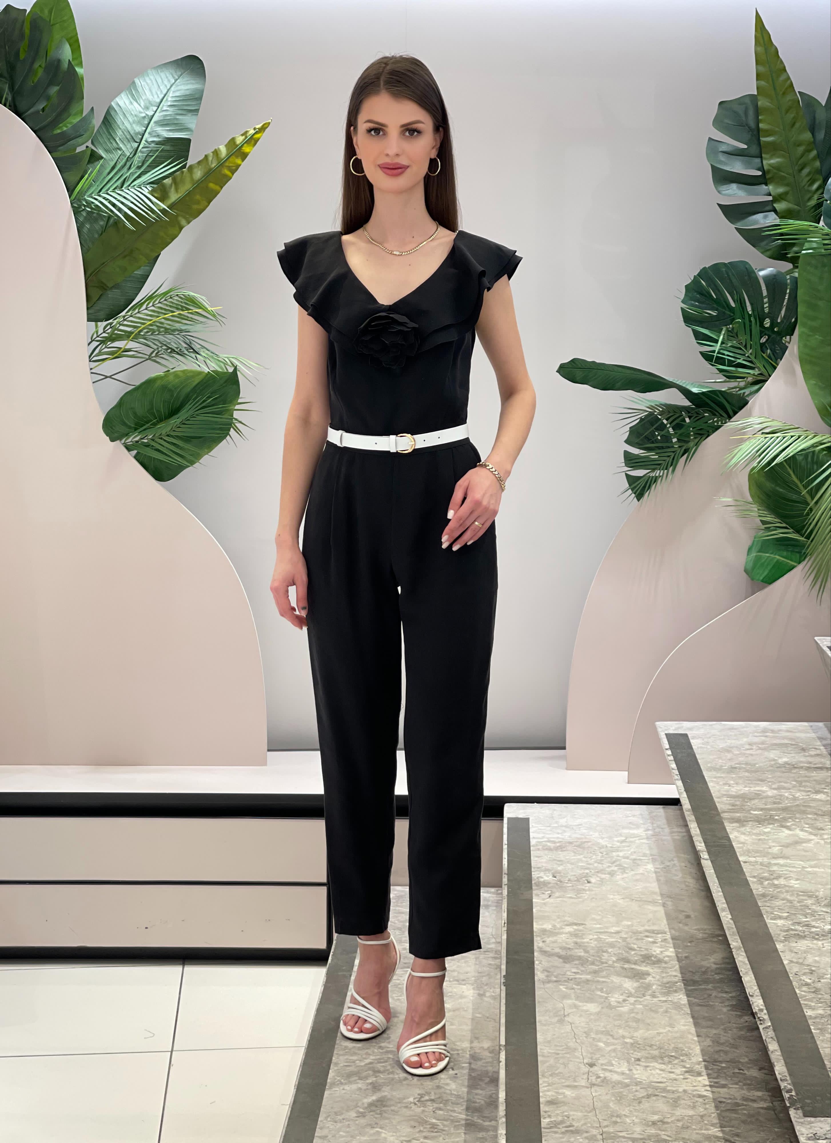 Rose Detailed Black Jumpsuit