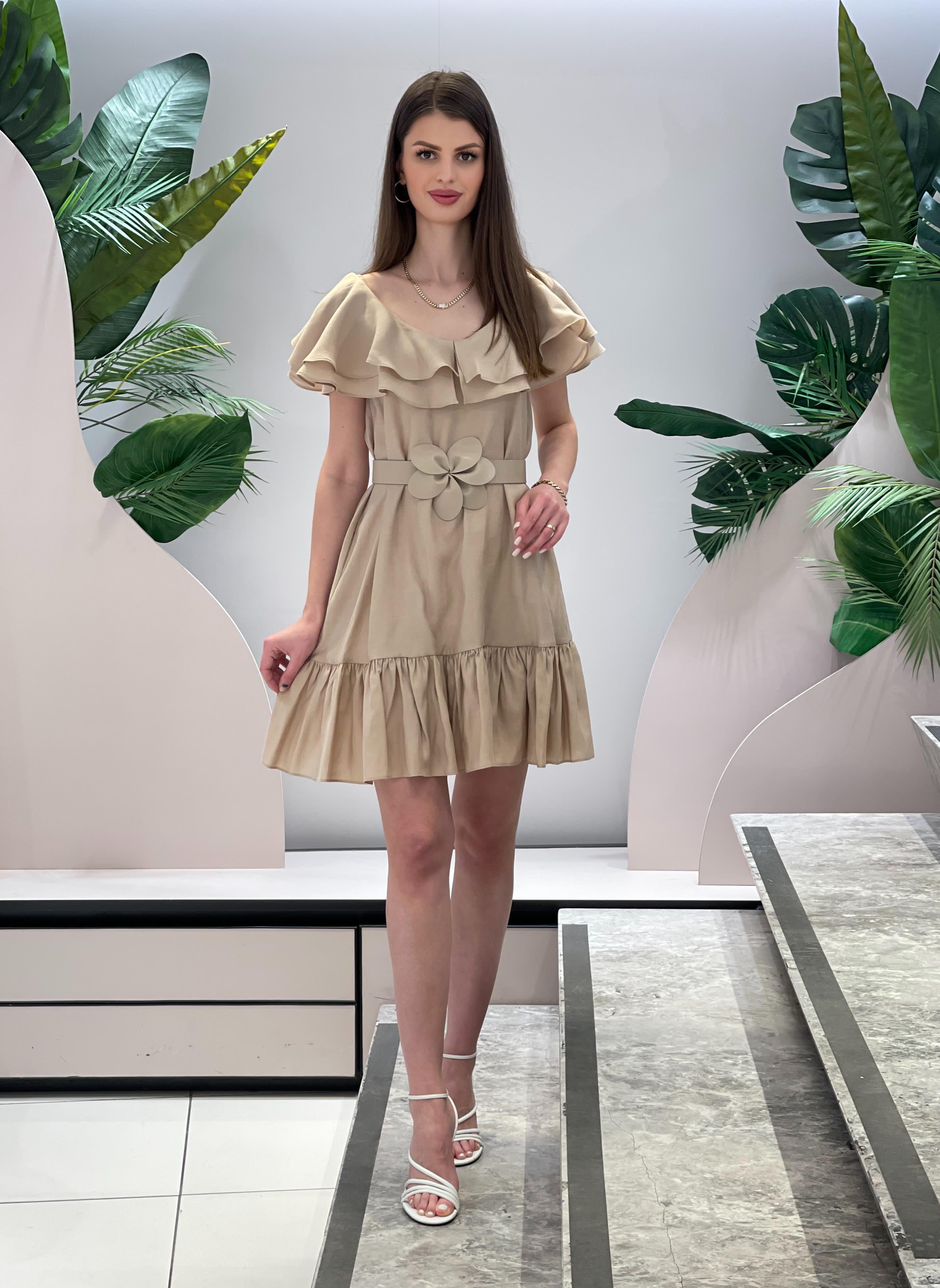 Beige Dress with Floral Belt