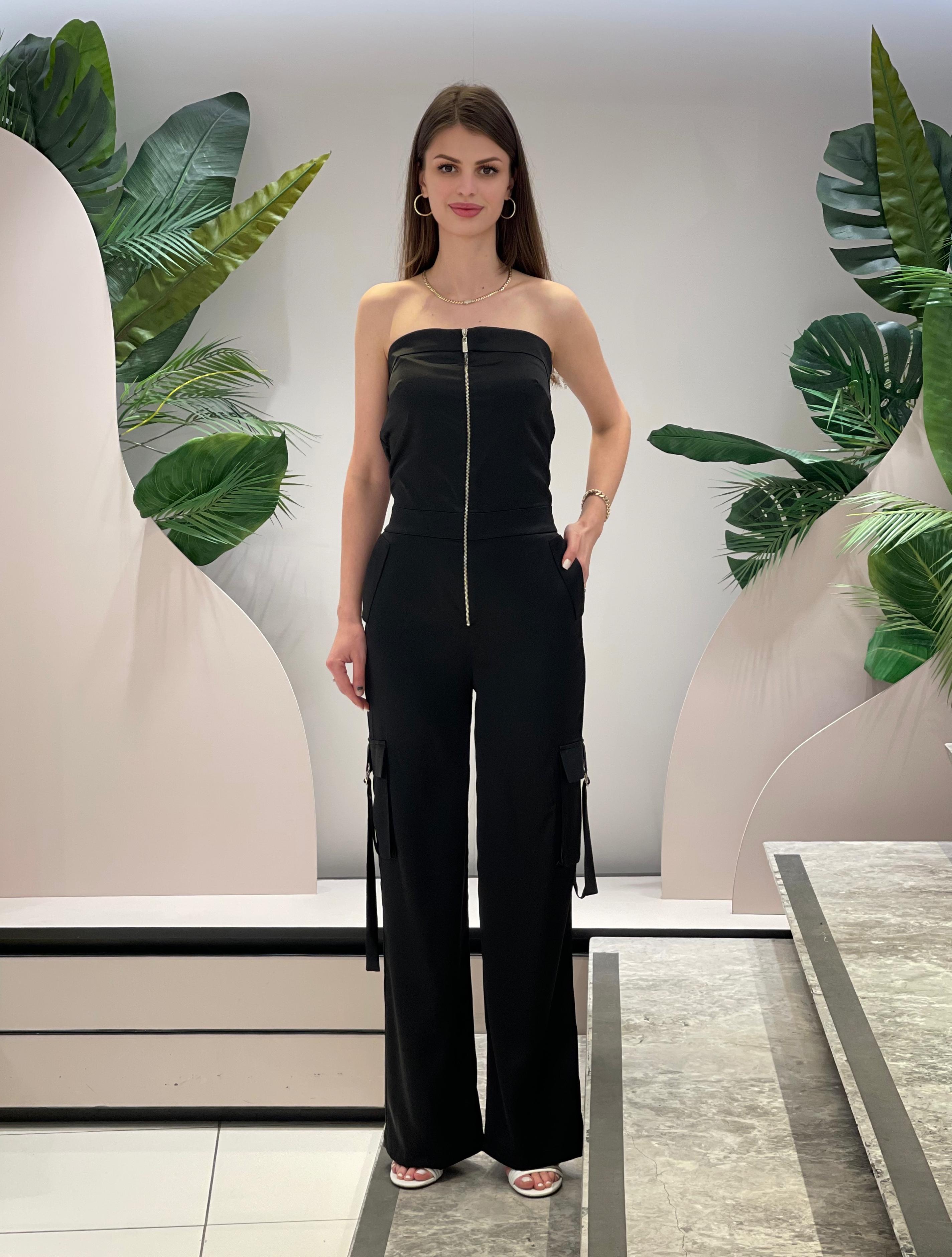 Black Strapless Jumpsuit with Zipper