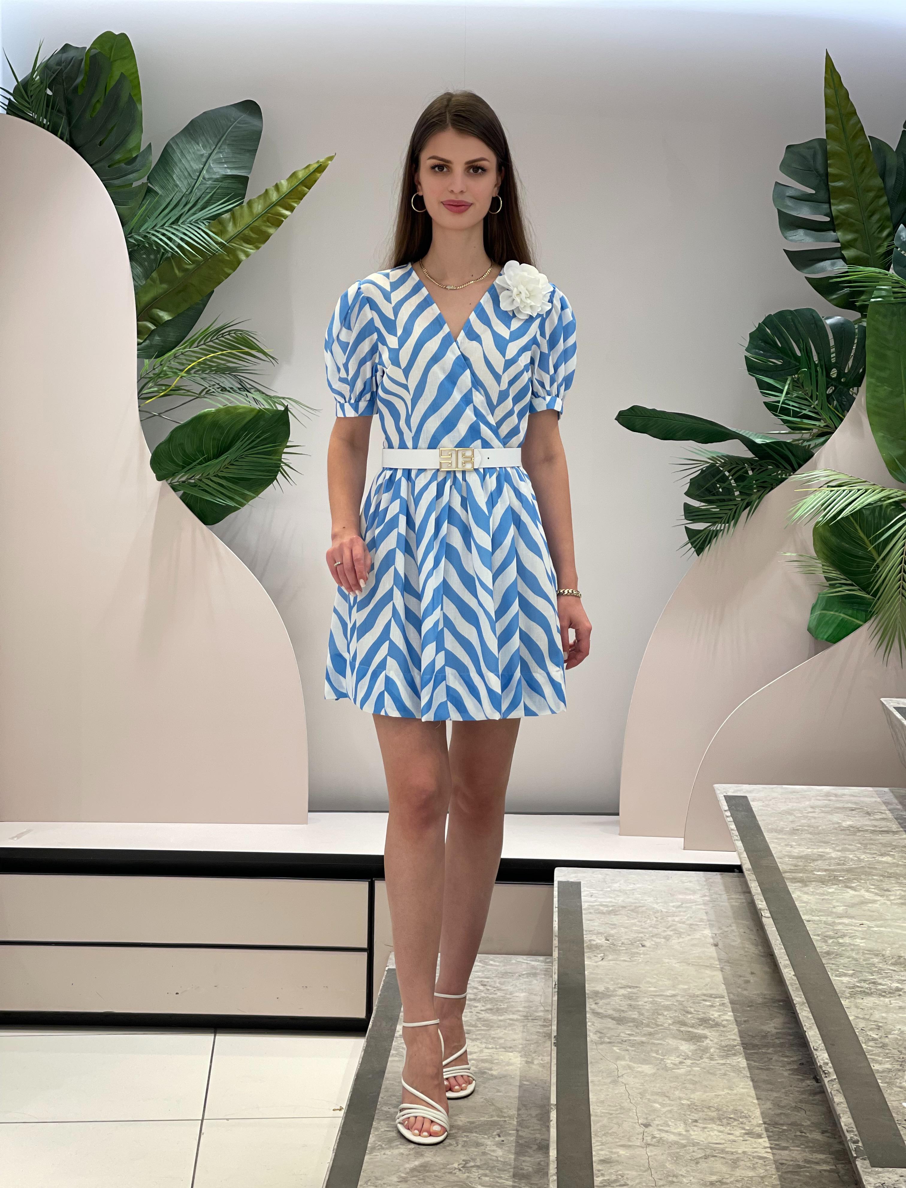 Blue Dress with Flower Brooch
