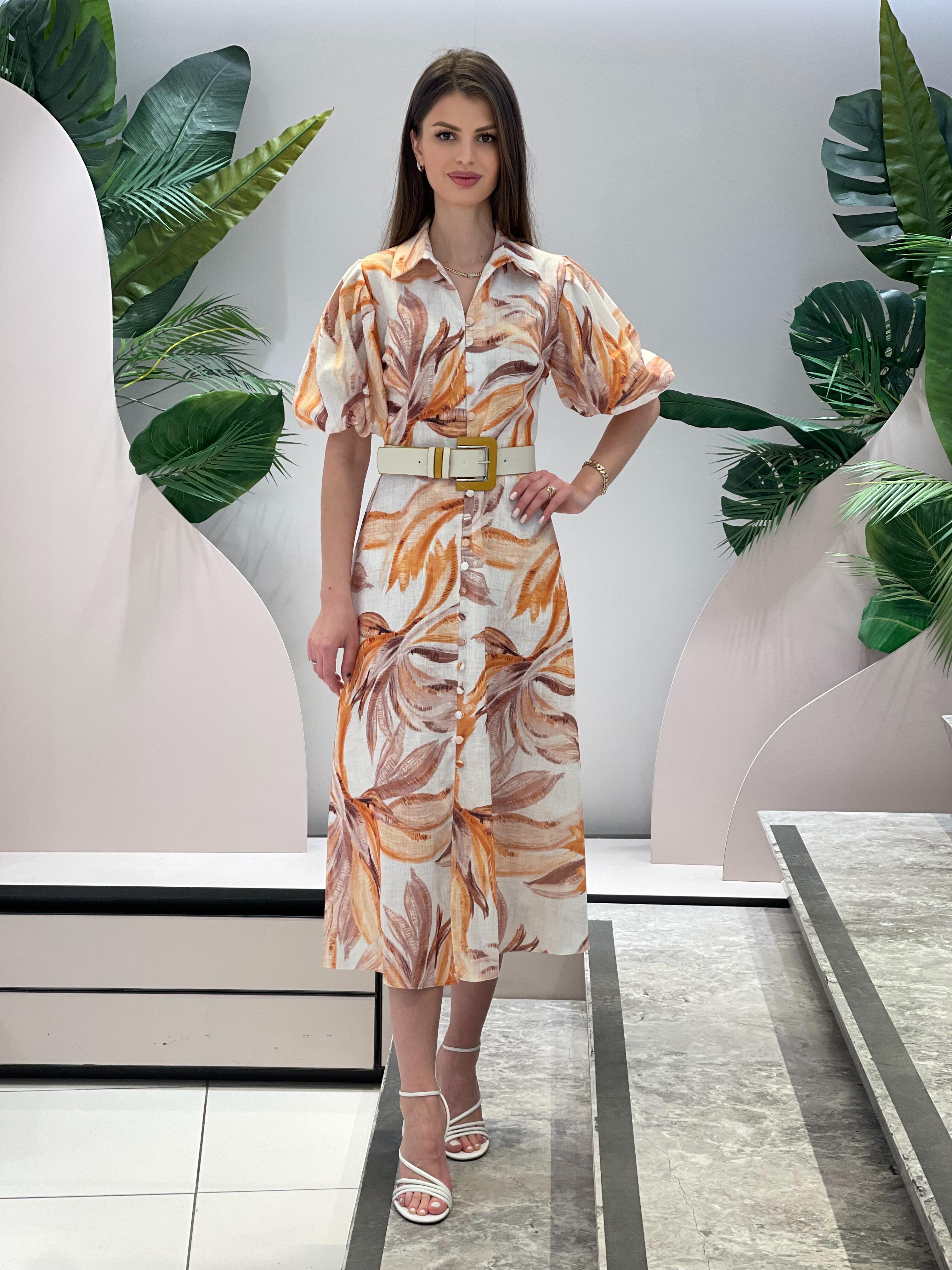 Orange Balloon Sleeve Buttoned Dress