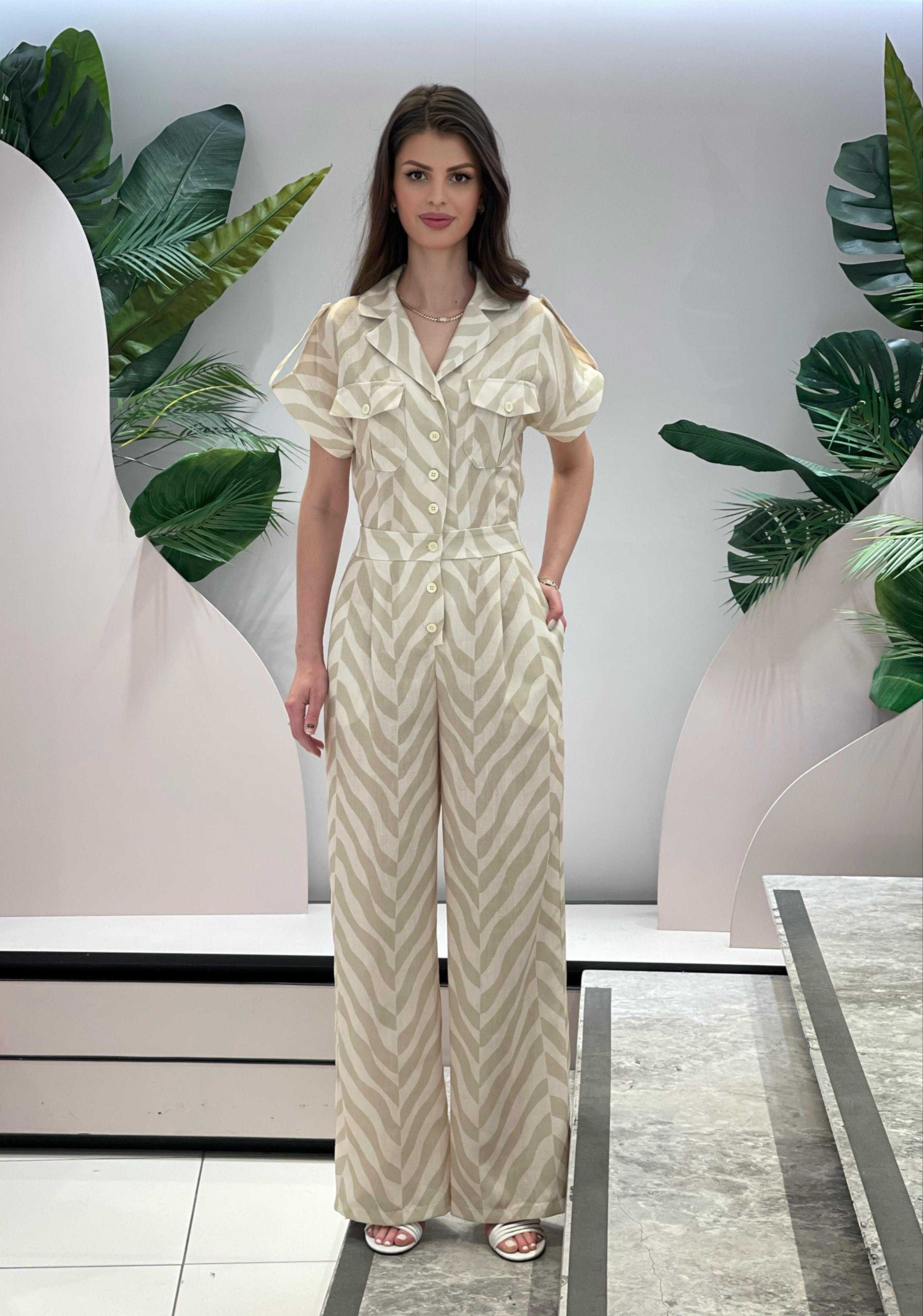 Beige Jumpsuit with Buttons and Collar