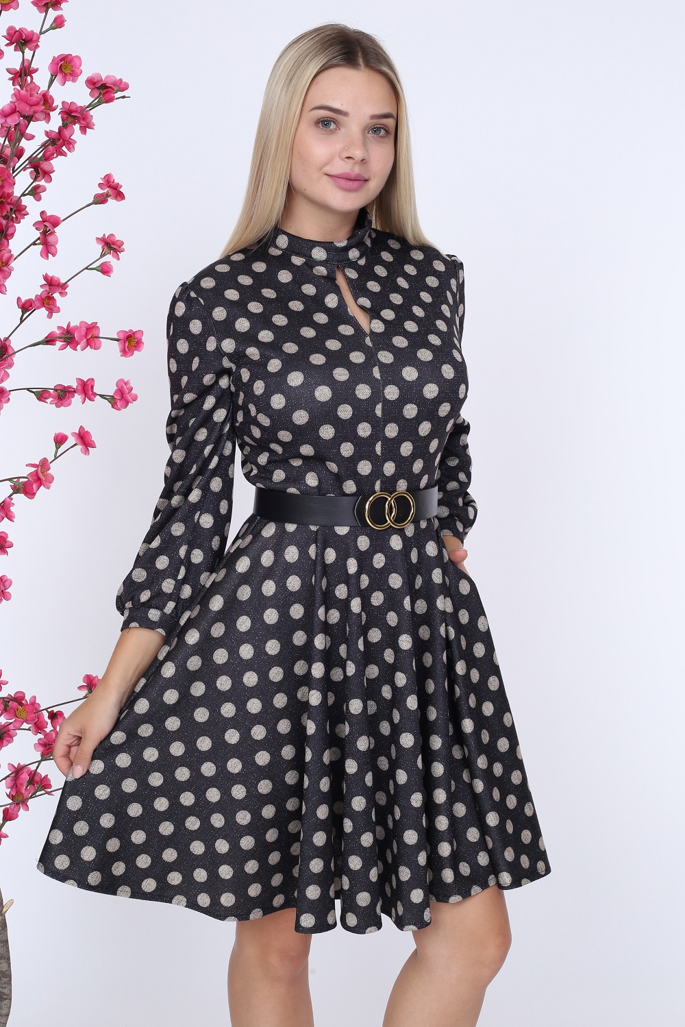 Black Polka Dot Belted Dress