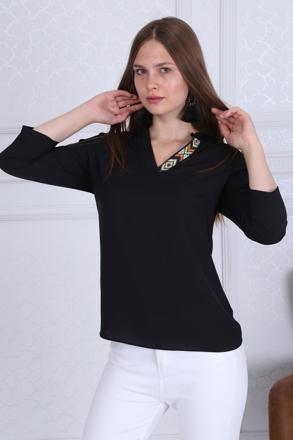 Collar Detail Basic Black Blouse