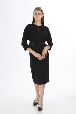 Siyah Renk Çantalı Kemerli Elbise